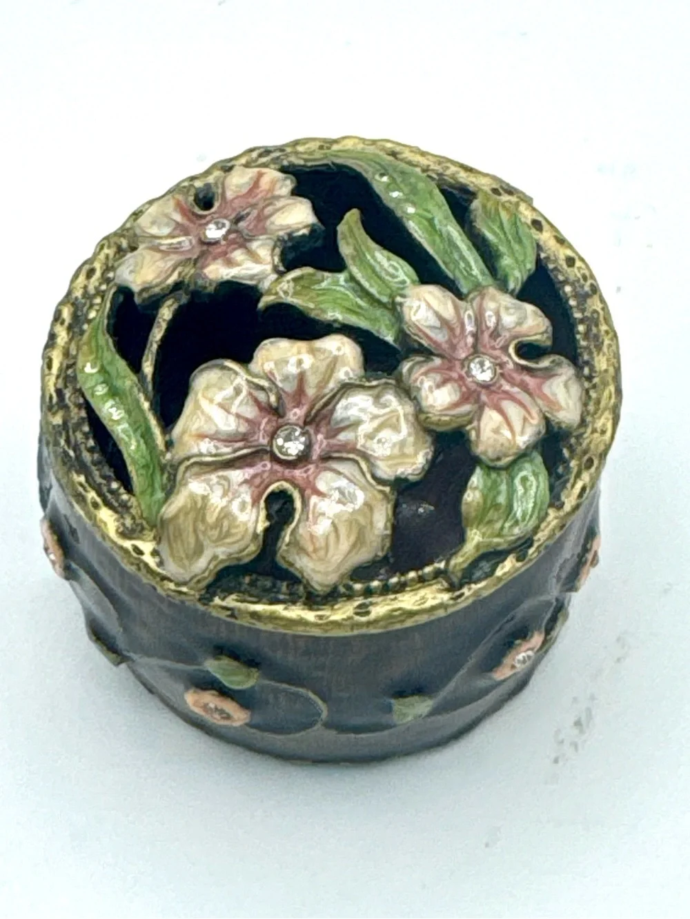 Vintage Metallic Floral Enamel Trinket Box Jewelled Magnetic Closure